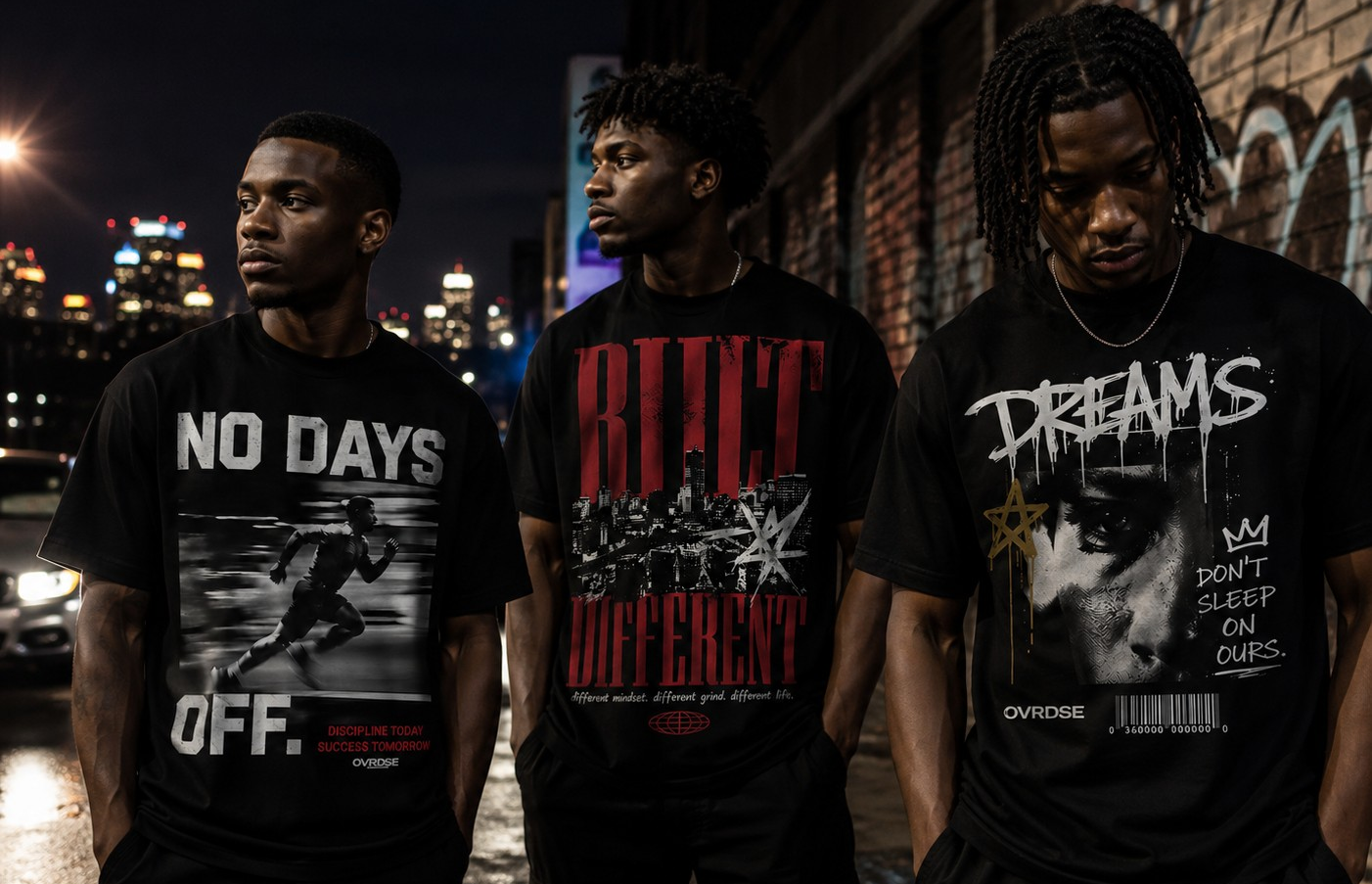 Three individuals wearing black t-shirts with motivational phrases at night.