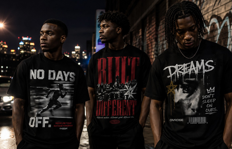 Three individuals wearing black t-shirts with motivational phrases at night.